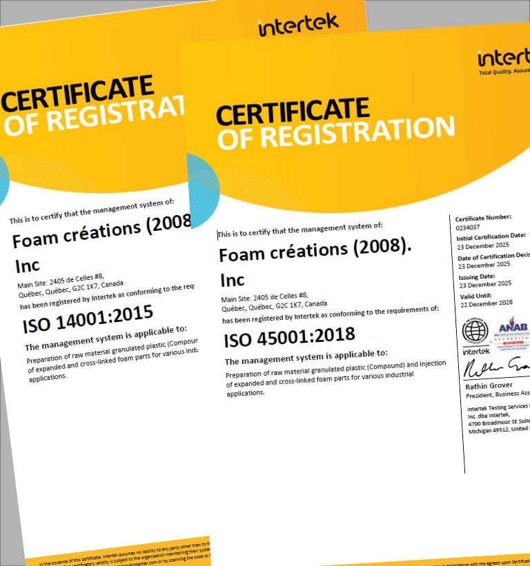 Certificados ISO de Foam Creations para fabricación de espuma, calidad, seguridad, sostenibilidad
